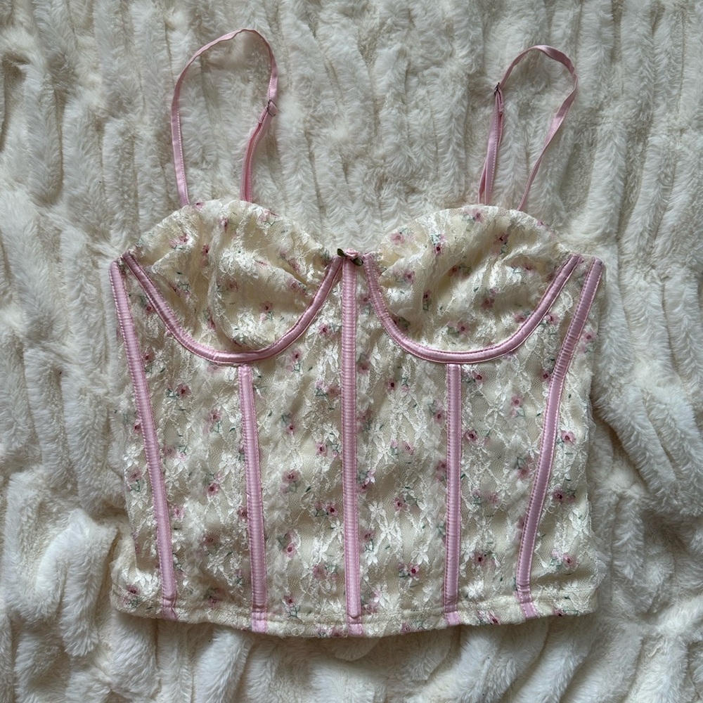 Floral Lace Corset Top with Pink Accents